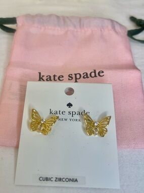 Kate Spade Cubic Zirconia Gold Butterfly Stud Earrings with Pink Pouch NWT